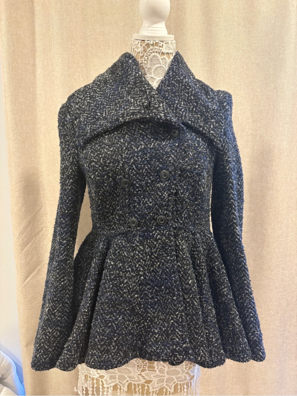 Anthropologie Navy Tweed Double-Breasted Peplum Coat